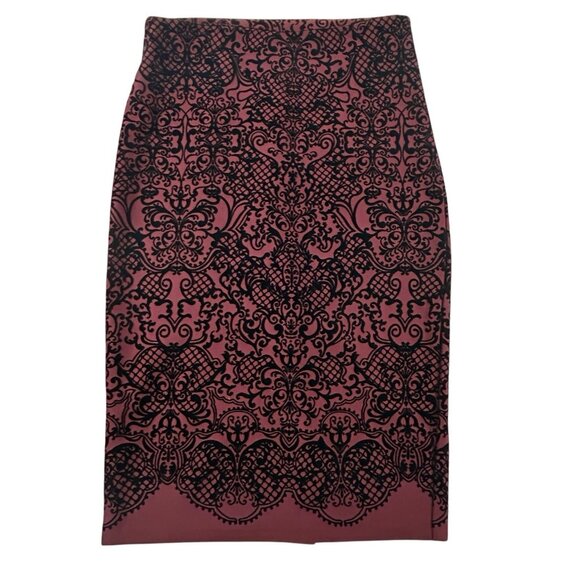 Midi skirt Sz M Office Siren vampire whimsigoth Burgundy Velvet Damask Dark - Picture 1 of 11